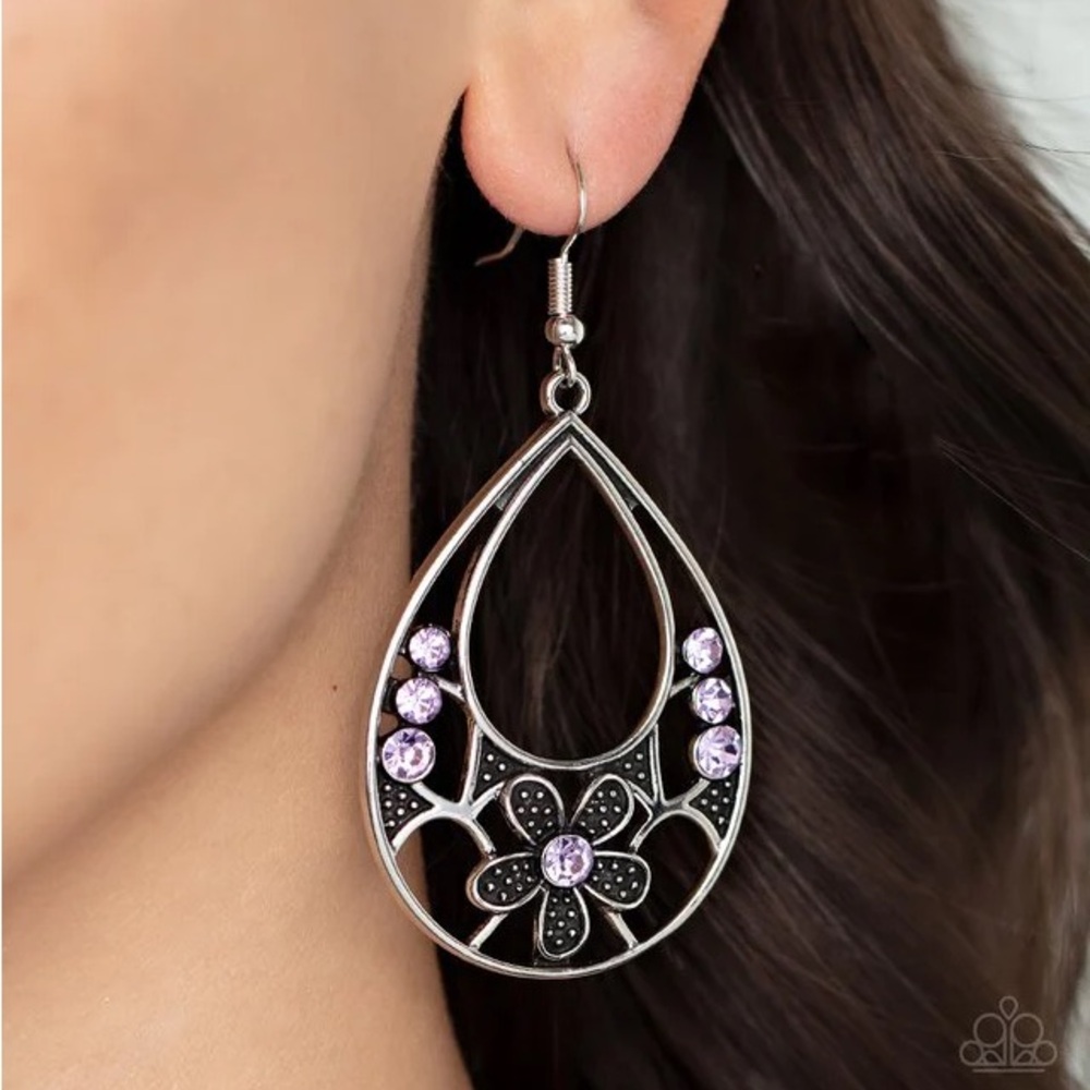 Paparazzi Silver and Purple Floral Teardrop Earrings